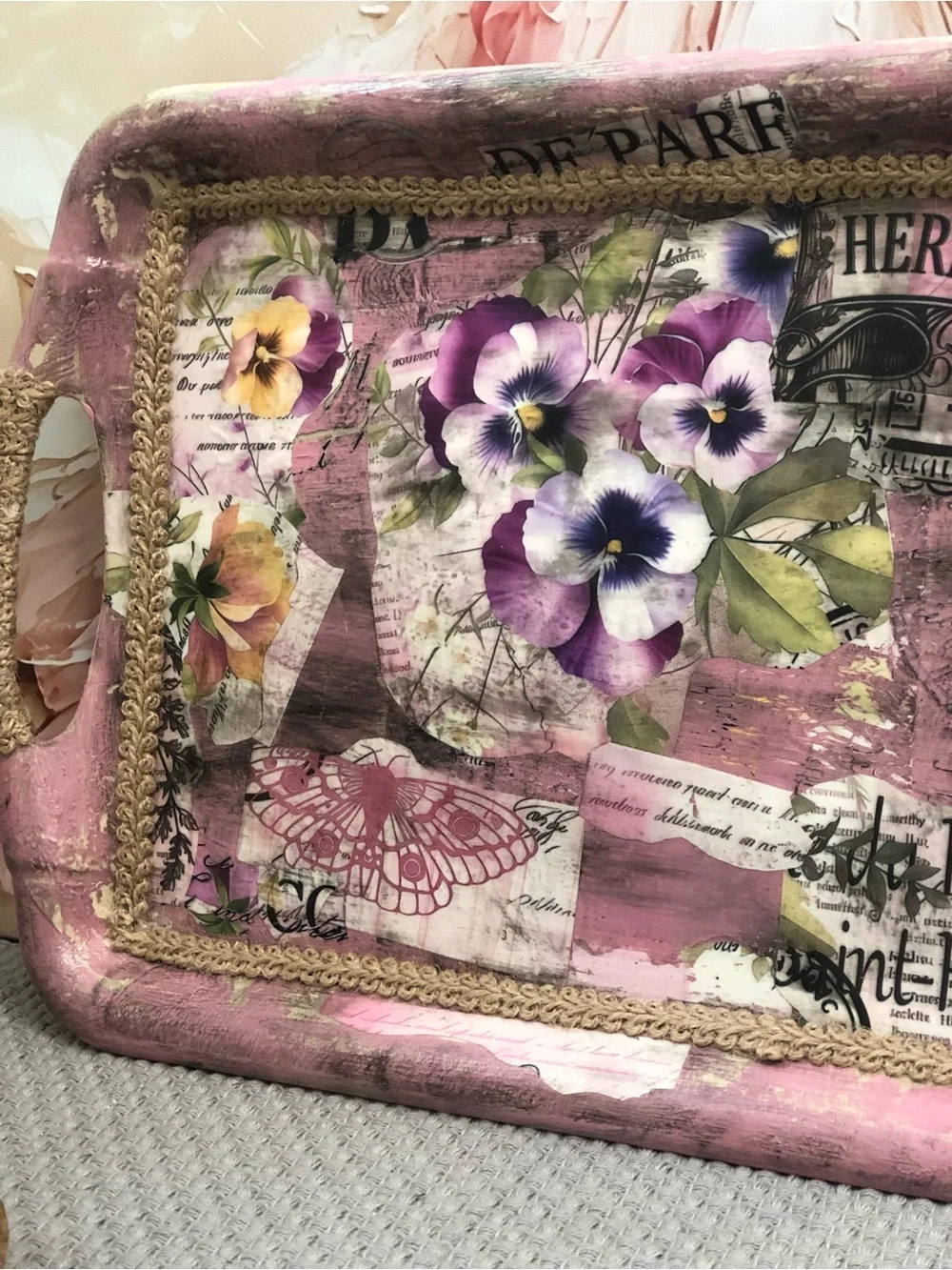 Pink Floral Decorative Vanity Tray with Rope Handles